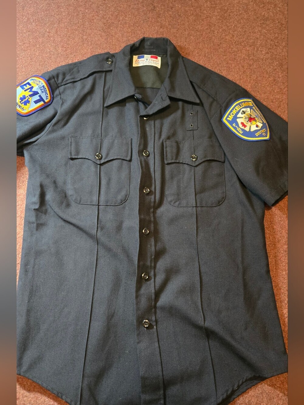 Flying Cross Uniform Station Shirt, Patches Mokelumne Fire EMT Navy Large